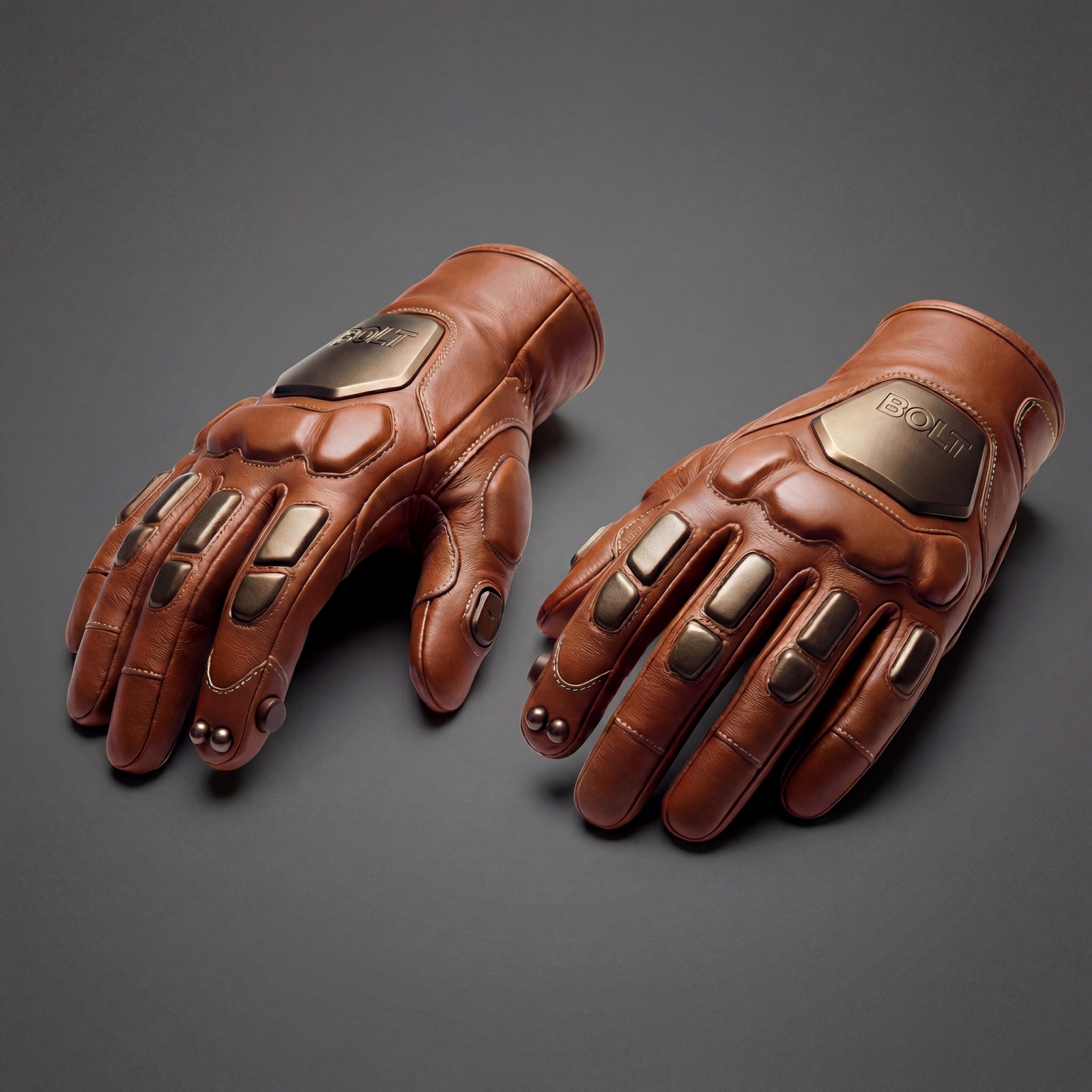 BOLT MK2 gloves in heritage cognac leather with bronze armor plating