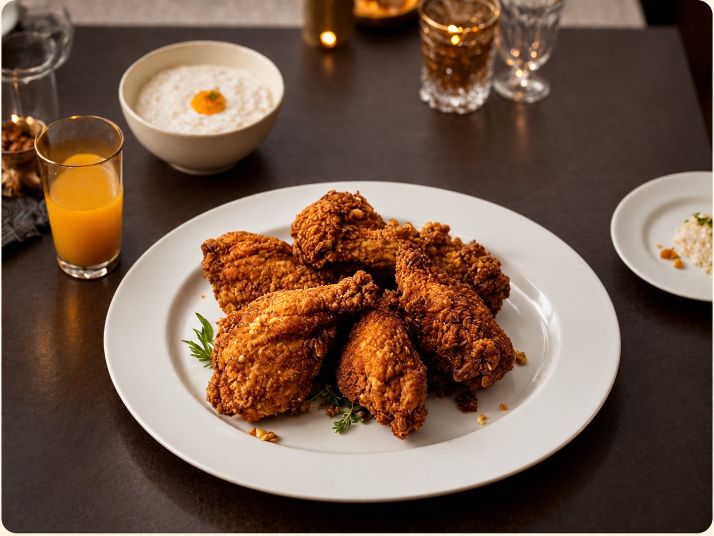 Candlelit table with a platter of crispy fried chicken and homestyle sides