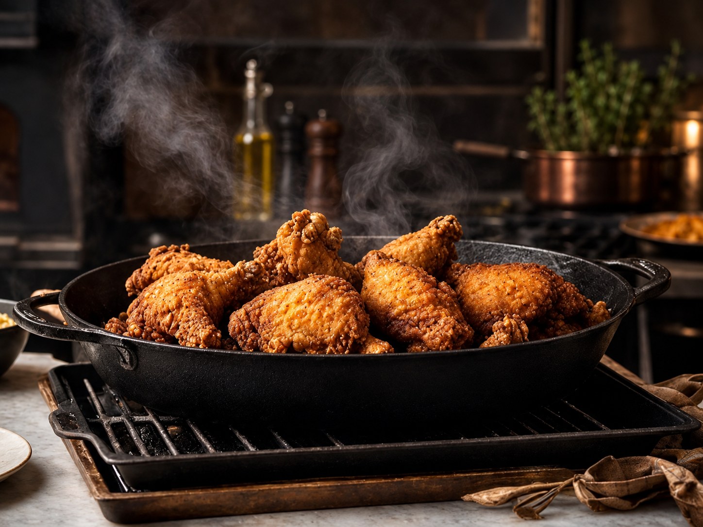 Golden fried chicken piled high for catering