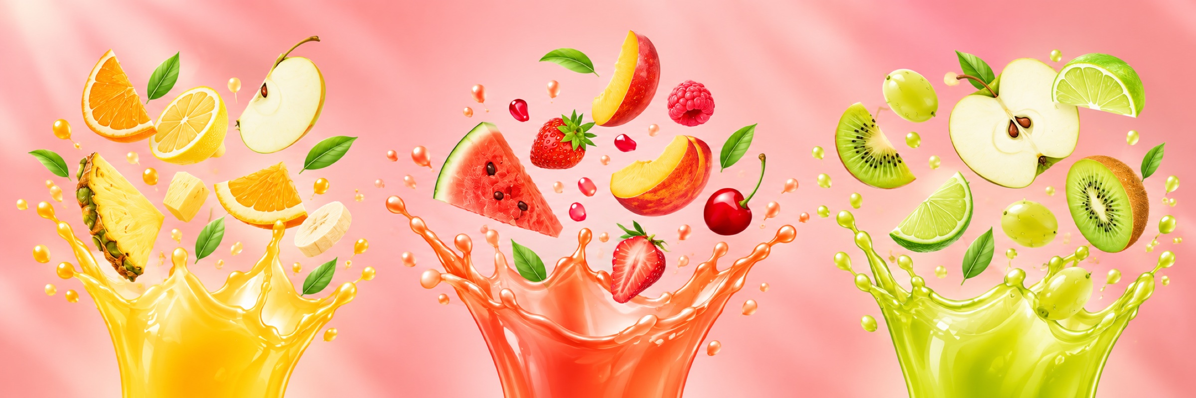 Fresh fruit splashing into MAWNI juice
