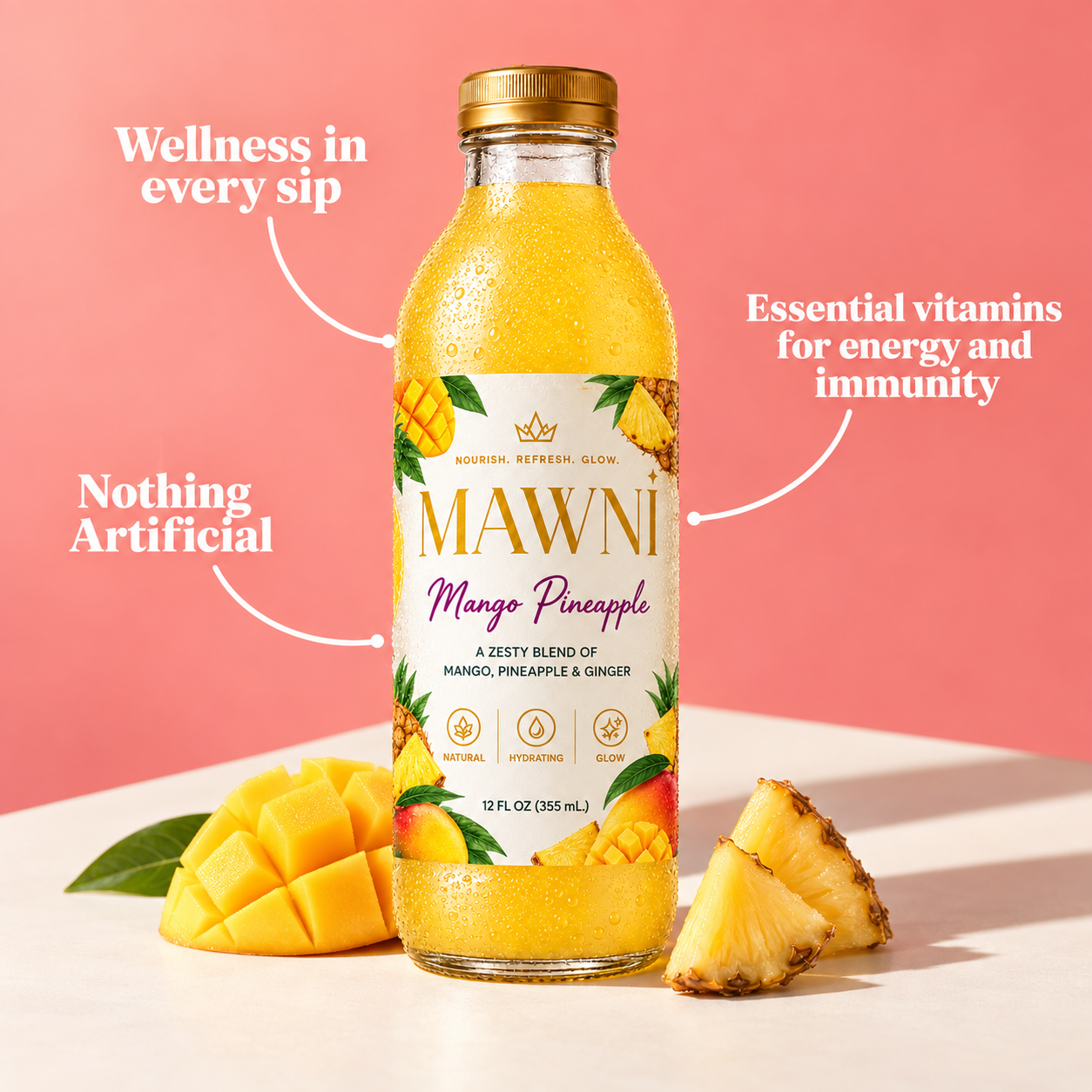 MAWNI Mango Pineapple bottle surrounded by fresh mango and pineapple with wellness callouts - wellness in every sip, essential vitamins, nothing artificial