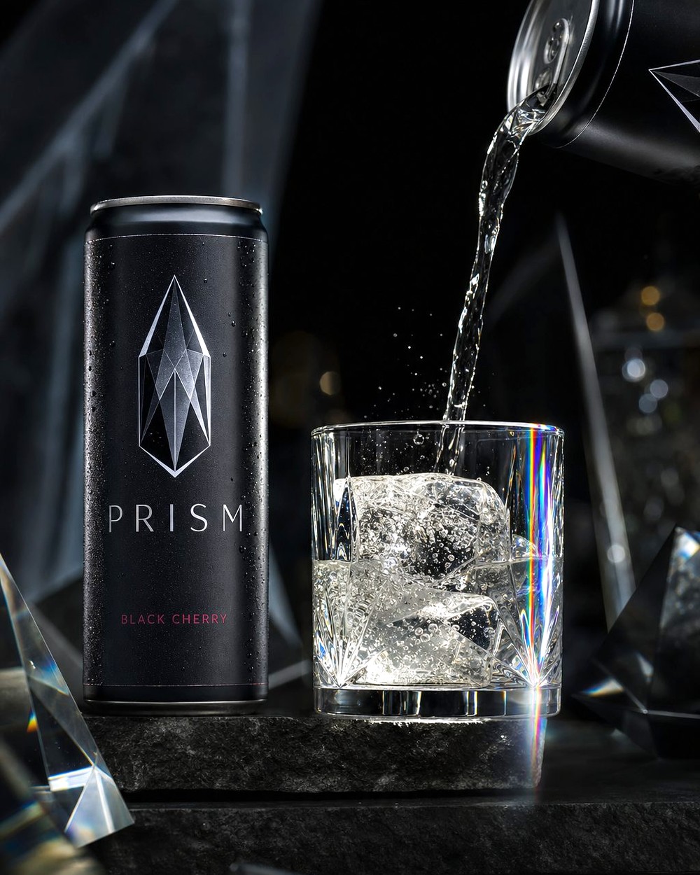 PRISM Black Cherry can beside a crystal glass mid-pour